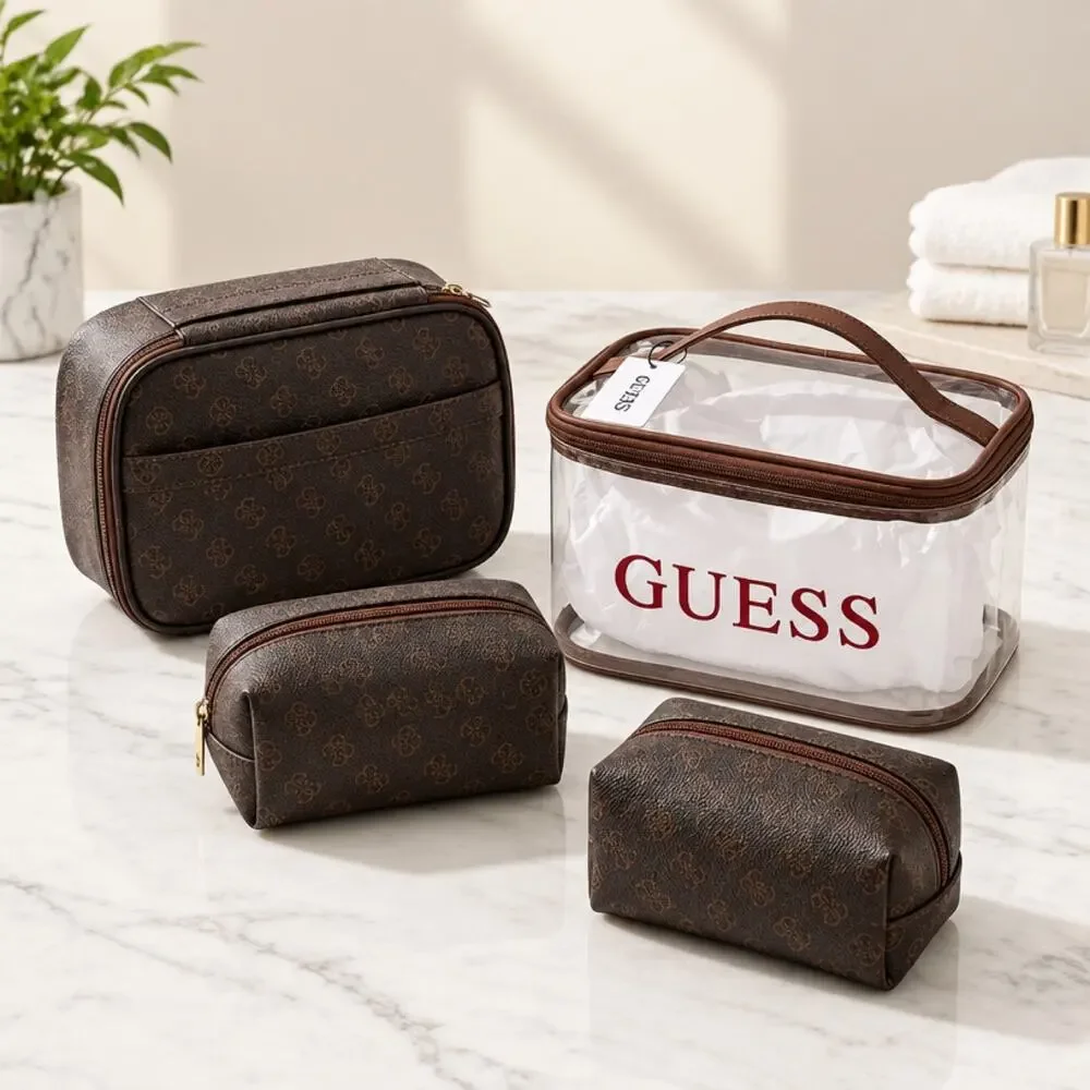 GUESS Junction Travel Set 4 Pcs Cosmetic Bag Brown Monogram Makeup Case